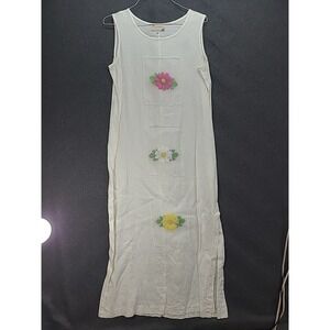 Vintage‎ Earth Song Linen Dress w Flowers 12 Sleeveless Beachy Coastal Resort